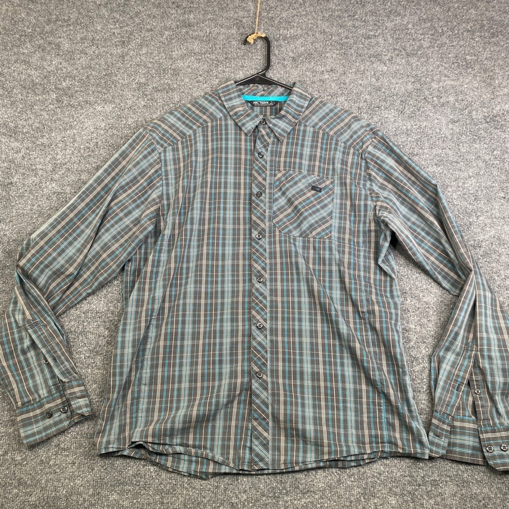 Arcteryx Mens Plaid Button Down Shirt Grey Blue Long Sleeve Pocket Size Large